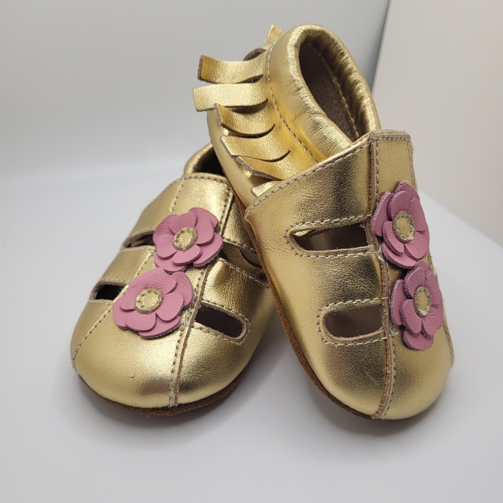Genuine Leather Gold Moccasins with Pink Floral Accents 12-18m